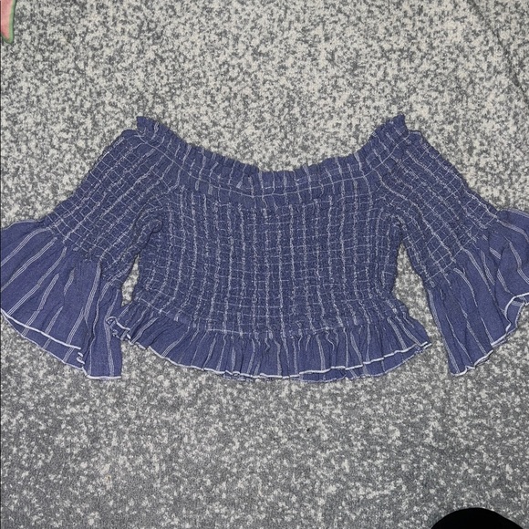 Free People Tops - Free People Smock Around Striped Cropped Blouse Top Blue Bell Sleeves Medium